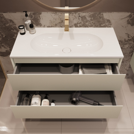 База под раковину Велле (Welle) 1000 подвесная, 2 выкатных ящика микролифт, Бежевый матовый софт-тач