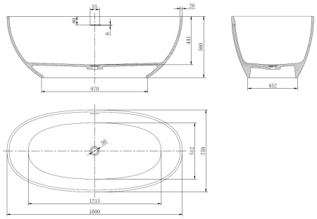 Ванна Солид Серфейс (Solid Surface) Vincea VBT-4S06-1600MW, 1600*750*560, белый матовый, щелевой перелив