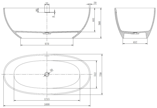 Ванна Солид Серфейс (Solid Surface) Vincea VBT-4S06-1600MW, 1600*750*560, белый матовый, щелевой перелив