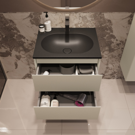 База под раковину Велле (Welle) 600 подвесная, 2 выкатных ящика микролифт, Бежевый матовый софт-тач