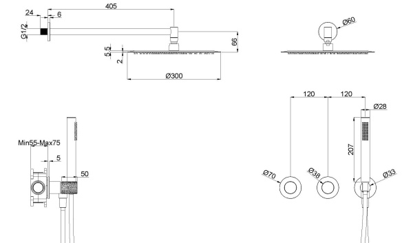 Душевой комплект Aura VSFW-6AU1GM встраиваемый, 2 режима, 30см S304 верх душ, вороненая сталь