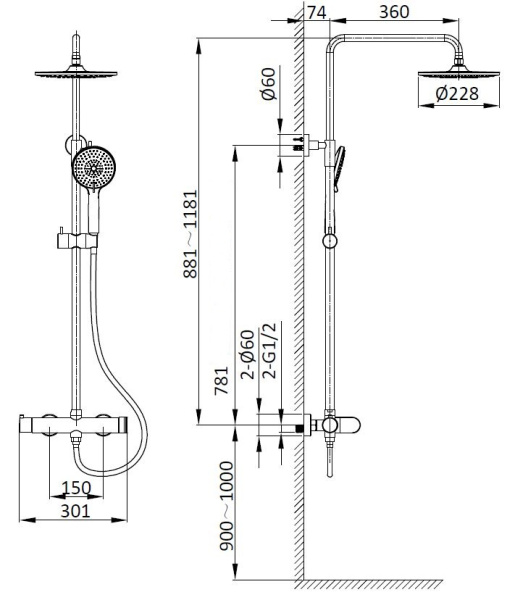 Душевая стойка Rondo VSFS-1R0MB без излива, черный матовый