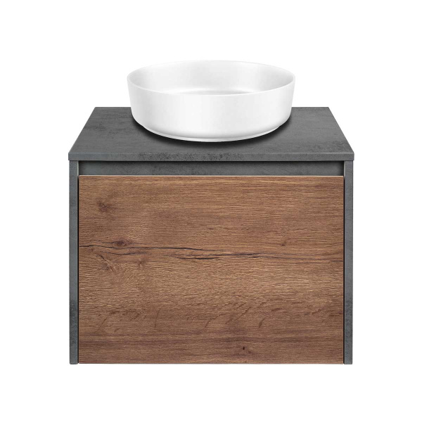 База под накладную раковину Mesa 600 подвесная, 1 выкатной/1 скрытый ящик soft close, T.Oak + Beton