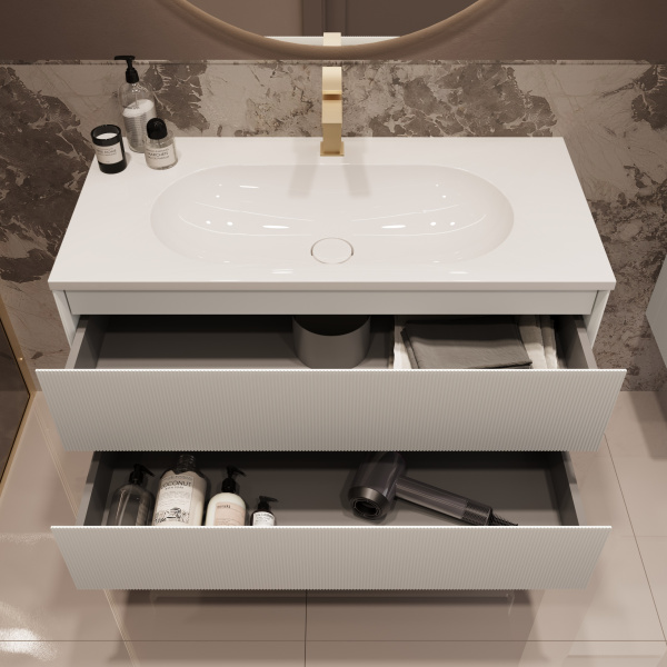 База под раковину Велле (Welle) 1000 подвесная, 2 выкатных ящика микролифт, Белый матовый софт-тач