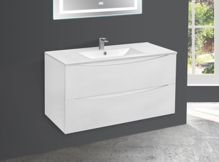 База под керамическую раковину Миа (Mia) 1000 подвесная, 2 выкатных ящика микролифт, Белый глянцевый (G.White)