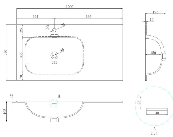 Раковина Elise VCB-4EL100MW-L, Corian левая, цвет белый матовый