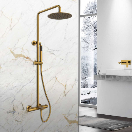 Душевая стойка Вог (Vogue) VSFS-1V1TBG термостат с изливом, 25см верх душ нерж.сталь, брашированное золото