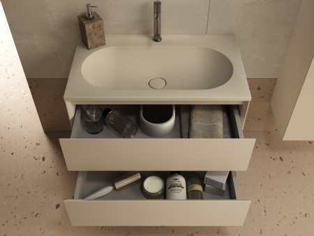 База под раковину Люка Софт-Тач (Luka Soft-Touch) 800 подвесная, 2 выкатных ящика микролифт, матовый бежевый