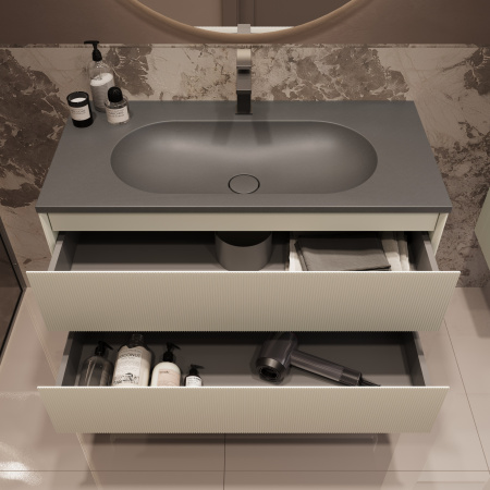 База под раковину Велле (Welle) 1000 подвесная, 2 выкатных ящика микролифт, Бежевый матовый софт-тач