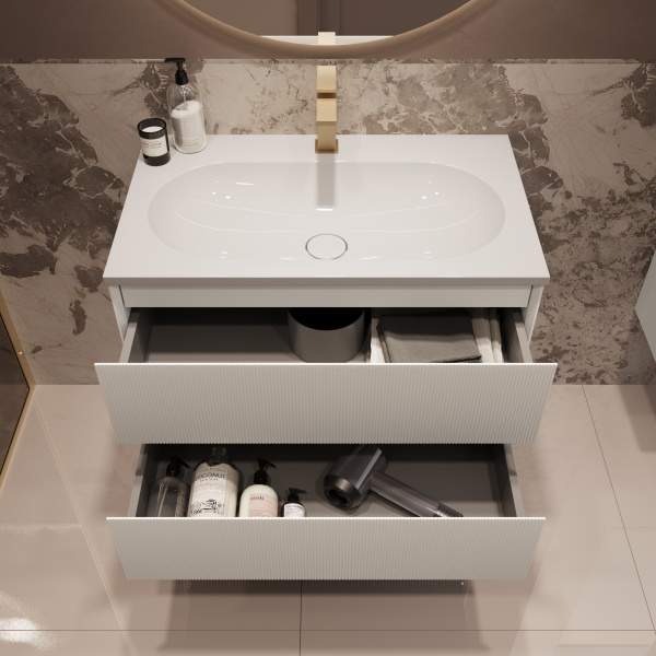 База под раковину Велле (Welle) 800 подвесная, 2 выкатных ящика микролифт, Белый матовый софт-тач