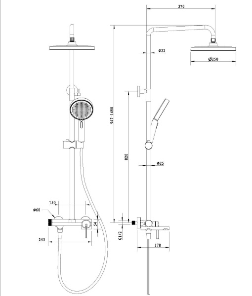 Душевая стойка ТГ (TG) VSFS-5TG1GM с изливом, вороненая сталь