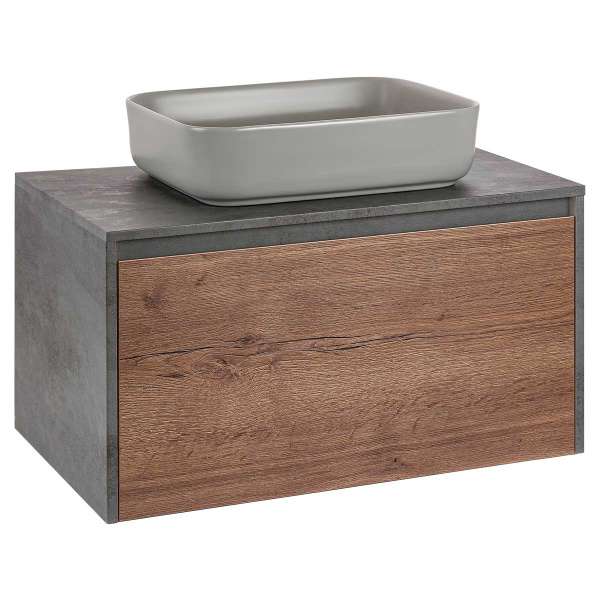 База под накладную раковину Mesa 800 подвесная, 1 выкатной/1 скрытый ящик soft close, T.Oak + Beton