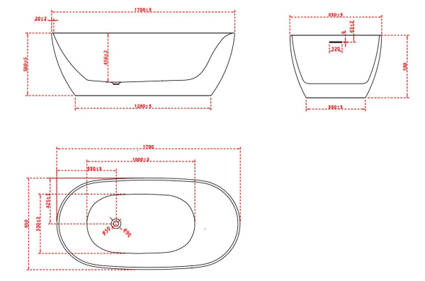Ванна акриловая Vincea VBT-601-1700, 1700*850*580, цвет белый, слив-перелив в комплекте, белый