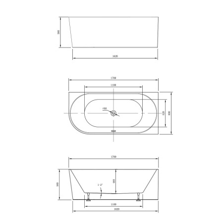 Ванна акриловая Vincea VBT-402-1700R, 1700*800*580, цвет белый, правая, щелевой перелив
