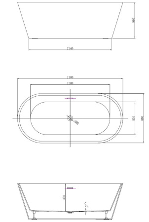 Ванна акриловая Vincea VBT-4291-1700, 1700*800*580, цвет белый, щелевой перелив