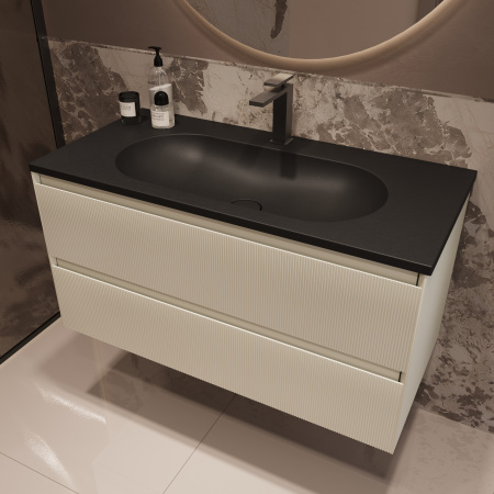 База под раковину Велле (Welle) 1000 подвесная, 2 выкатных ящика микролифт, Бежевый матовый софт-тач