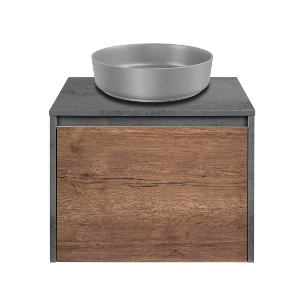 База под накладную раковину Mesa 600 подвесная, 1 выкатной/1 скрытый ящик soft close, T.Oak + Beton