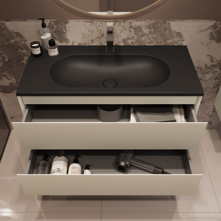 База под раковину Велле (Welle) 1000 подвесная, 2 выкатных ящика микролифт, Бежевый матовый софт-тач