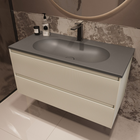 База под раковину Велле (Welle) 1000 подвесная, 2 выкатных ящика микролифт, Бежевый матовый софт-тач