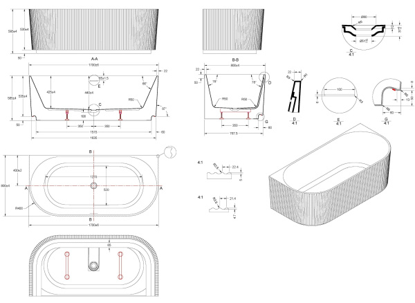 Ванна акриловая Vincea VBT-706-1700, 1700*800*585, цвет белый, щелевой перелив, слив белый