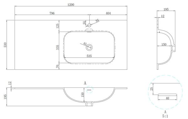 Раковина Elise VCB-4EL120MW-R, Corian правая, цвет белый матовый