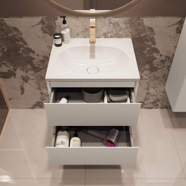 База под раковину Велле (Welle) 600 подвесная, 2 выкатных ящика микролифт, Белый матовый софт-тач