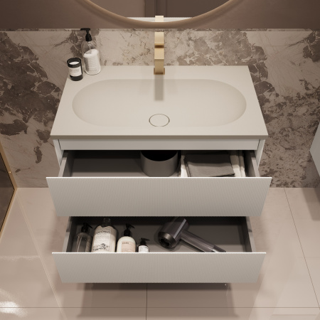 База под раковину Велле (Welle) 800 подвесная, 2 выкатных ящика микролифт, Белый матовый софт-тач