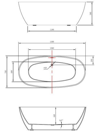 Ванна акриловая Vincea VBT-405-1500, 1500*750*580, цвет белый, щелевой перелив