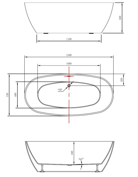 Ванна акриловая Vincea VBT-405-1500, 1500*750*580, цвет белый, щелевой перелив