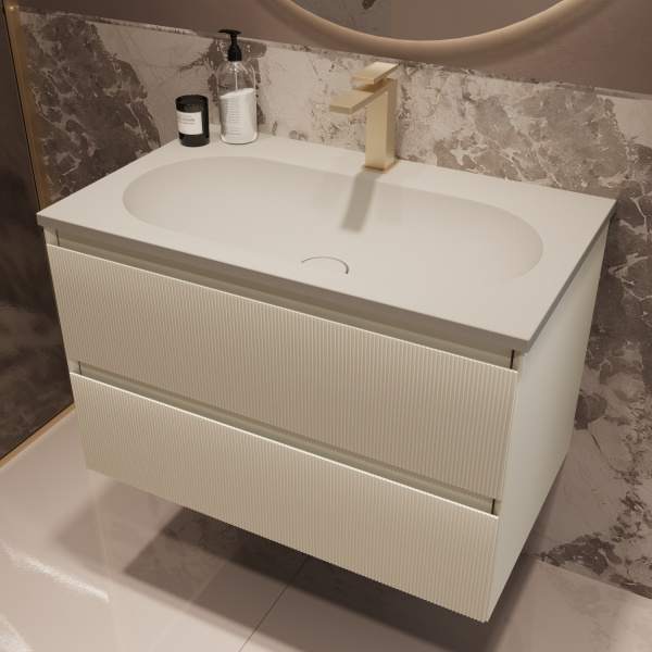 База под раковину Велле (Welle) 800 подвесная, 2 выкатных ящика микролифт, Бежевый матовый софт-тач