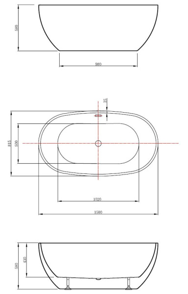 Ванна акриловая Vincea VBT-408-1500, 1500*815*580, цвет белый, щелевой перелив