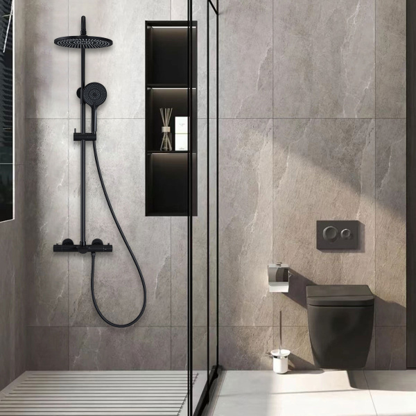 Душевая стойка Esse VSFS-1E1TMB термостатическая с изливом, 25см верх душ, черный 