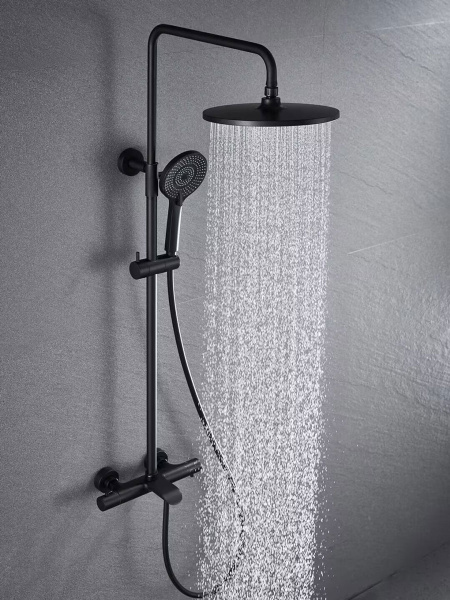 Душевая стойка Esse VSFS-1E1TMB термостатическая с изливом, 25см верх душ, черный 