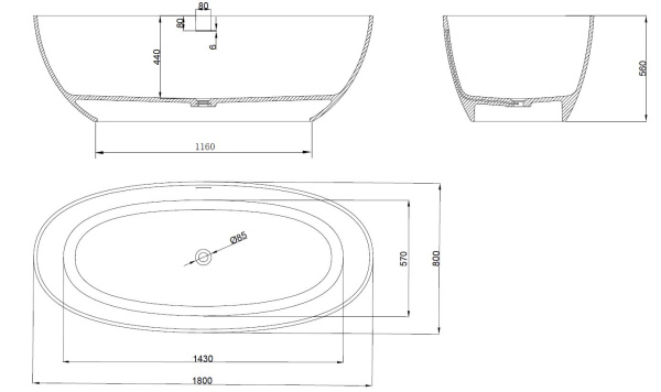 Ванна Солид Серфейс (Solid Surface) Vincea VBT-4S06-1800MW, 1800*800*560, белый матовый, щелевой перелив