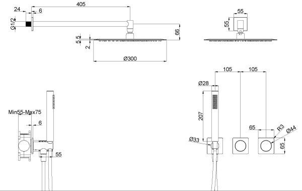 Душевой комплект Alto VSFW-6AL1CH встраиваемый, 2 режима, 30см S304 верх душ, хром