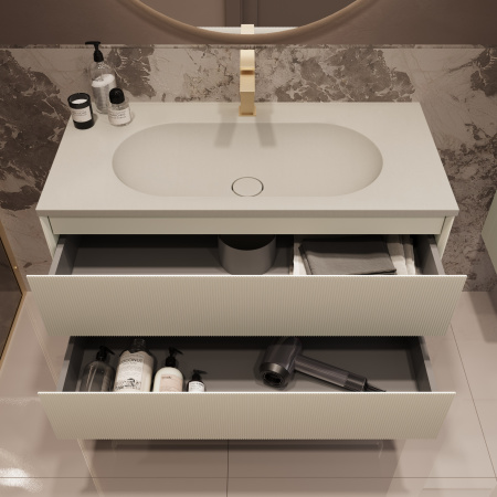 База под раковину Велле (Welle) 1000 подвесная, 2 выкатных ящика микролифт, Бежевый матовый софт-тач