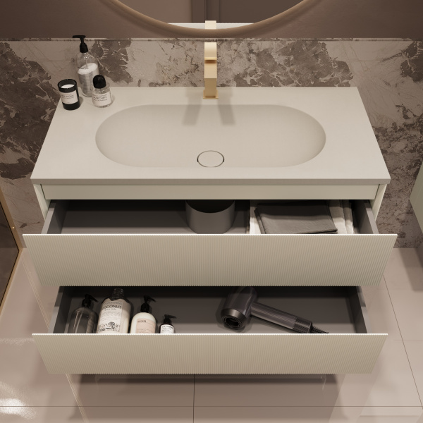 База под раковину Велле (Welle) 1000 подвесная, 2 выкатных ящика микролифт, Бежевый матовый софт-тач