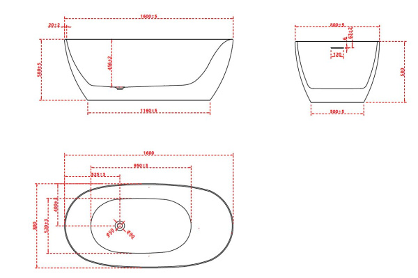 Ванна акриловая Vincea VBT-601-1600, 1600*800*580, цвет белый, слив-перелив в комплекте, белый