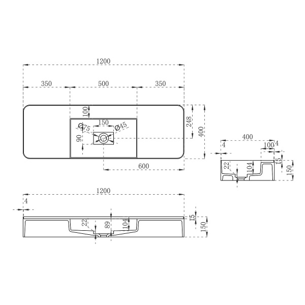 Раковина из искусственного камня Vincea VWB-6S312MW, 1200*400*150, подвесная, цвет белый матовый Раковина из искусственного камня Vincea VWB-6S312MW, 1200*400*150, подвесная, цвет белый матовый
