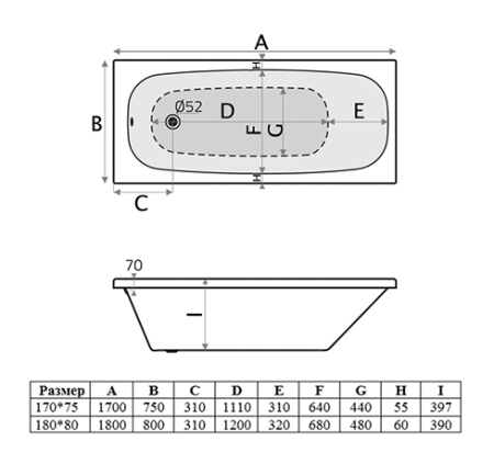 Ванна акриловая Vincea VBT-2S170-FR с каркасом 1700*750*440, пристенная, цвет белый