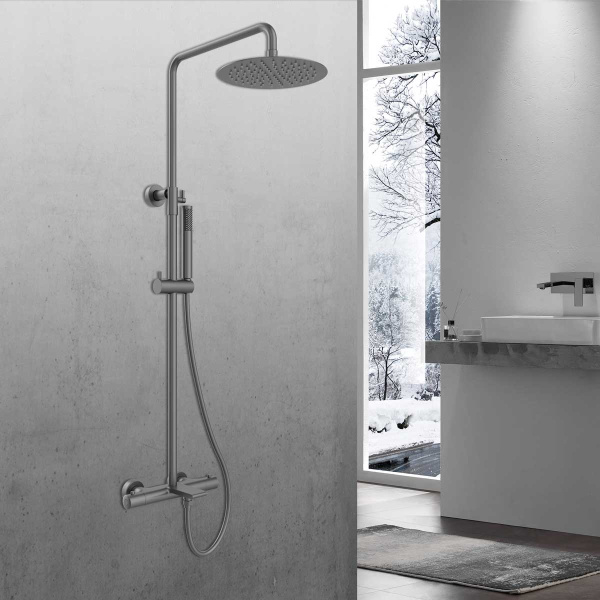 Душевая стойка Vogue VSFS-1V1TGM термостат с изливом, 25см верх душ из нерж. стали, вороненая сталь