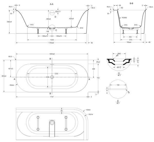 Ванна акриловая Vincea VBT-704-1800-L, 1800*800*585, цвет белый, левая, щелевой перелив, слив белый