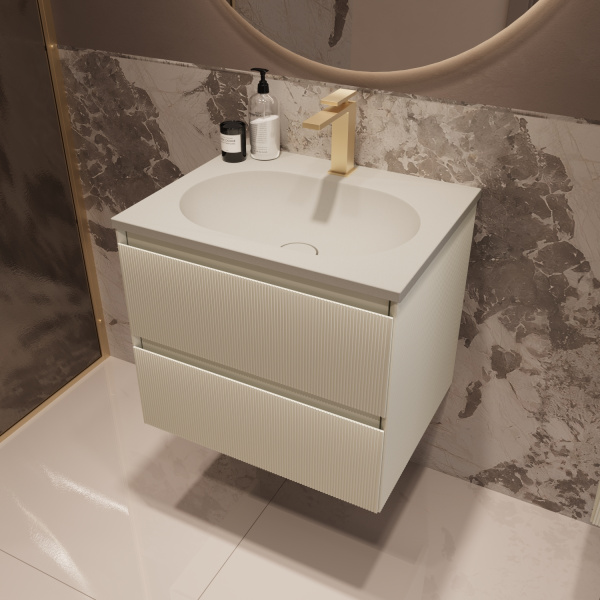 База под раковину Велле (Welle) 600 подвесная, 2 выкатных ящика микролифт, Бежевый матовый софт-тач